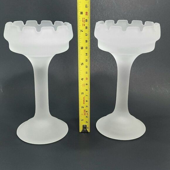 2 Vintage Partylite 7.5" Castle Turret Frosted Satin Glass Candlestick Holders - Picture 3 of 8